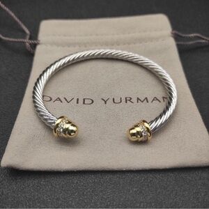 David Yurman Silver Cable Bracelet with Gold and Diamond End Caps